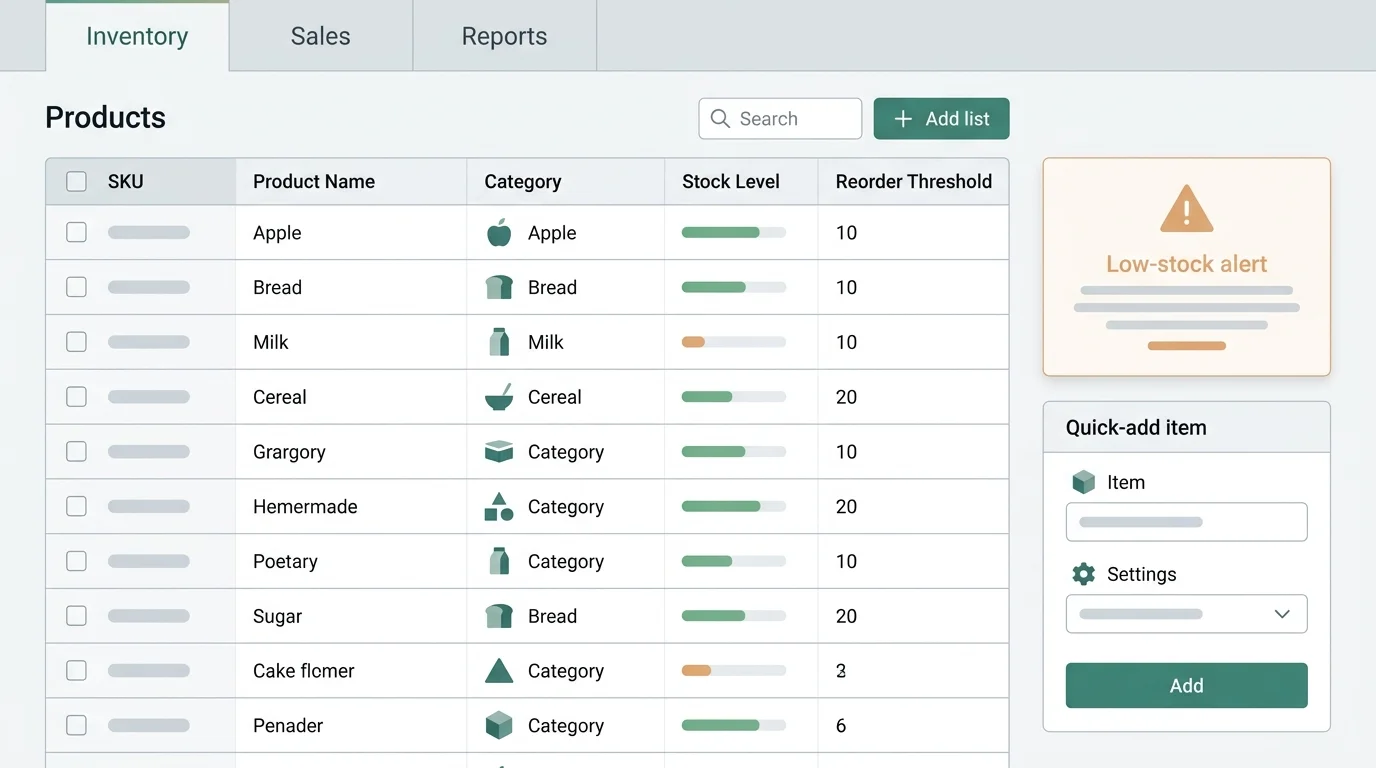 grocery inventory management screen showing SKU list and stock alerts