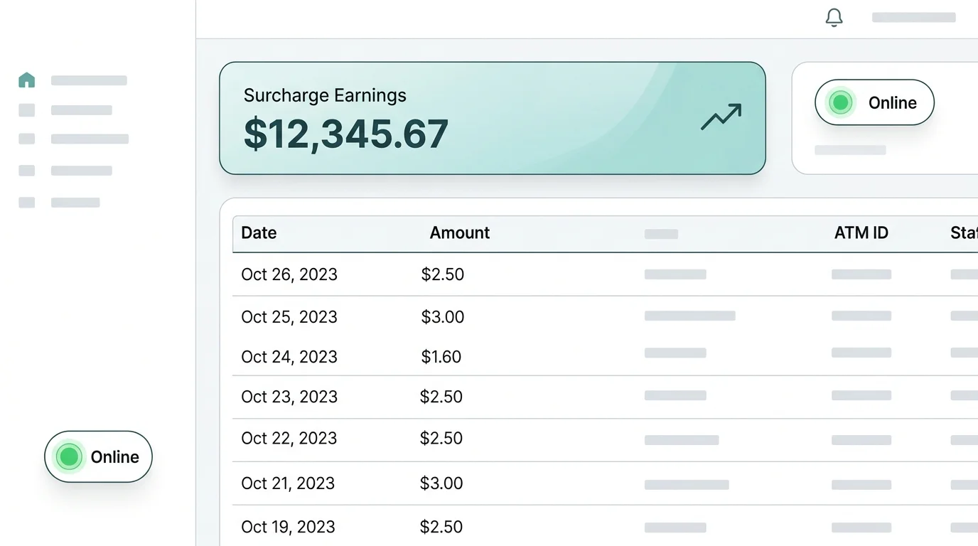 ATM surcharge revenue dashboard showing transaction history and machine status