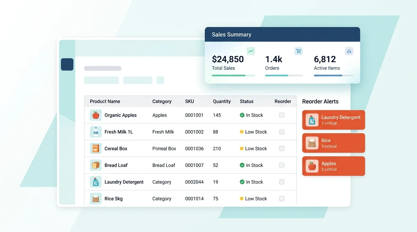 supermarket inventory and checkout POS software screen showing stock levels and sales data