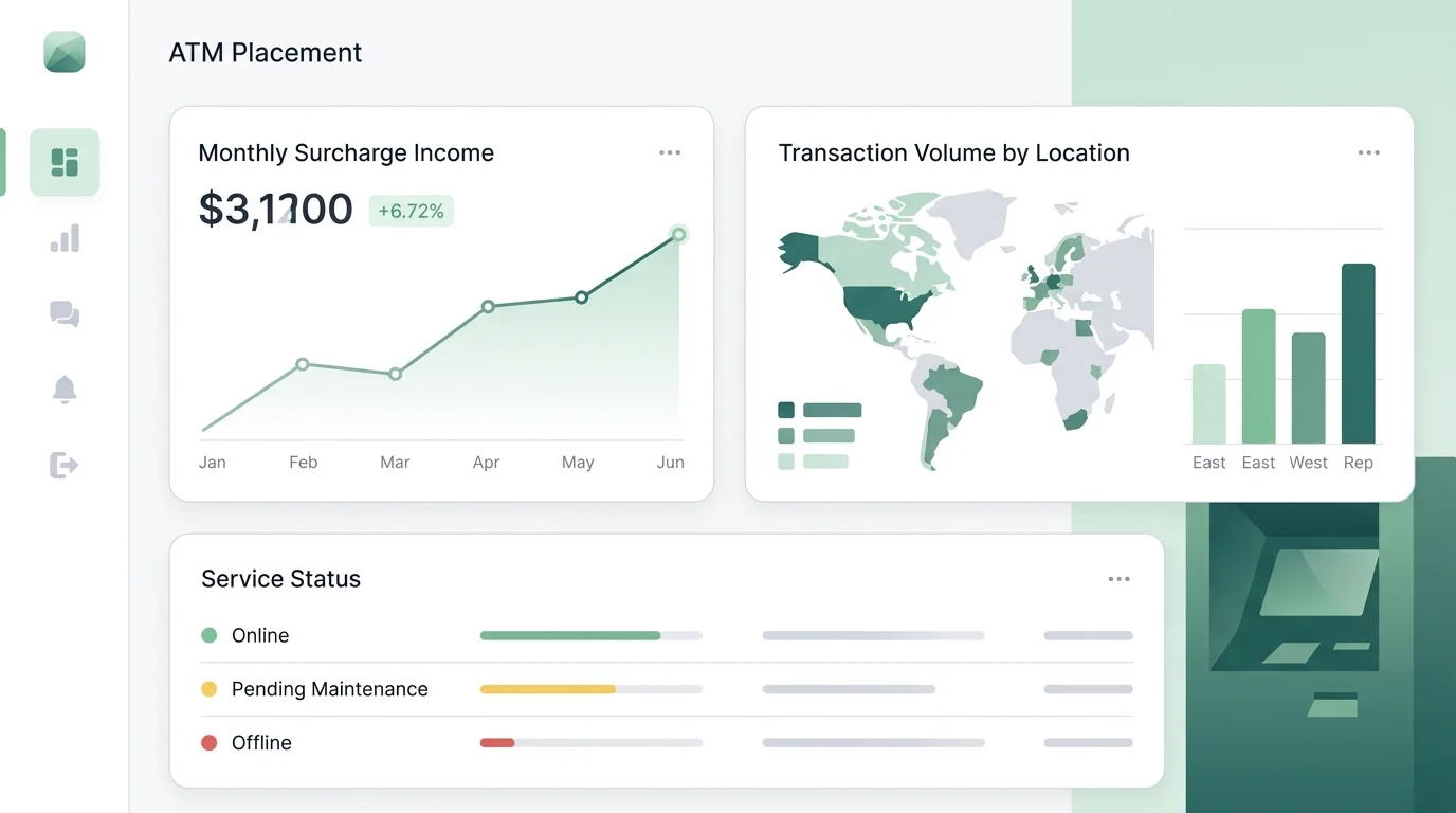 ATM surcharge income dashboard showing monthly transactions and location service status