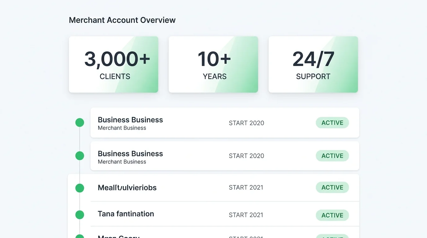 Merchant account overview dashboard showing client count stats and a list of long-term active customer accounts