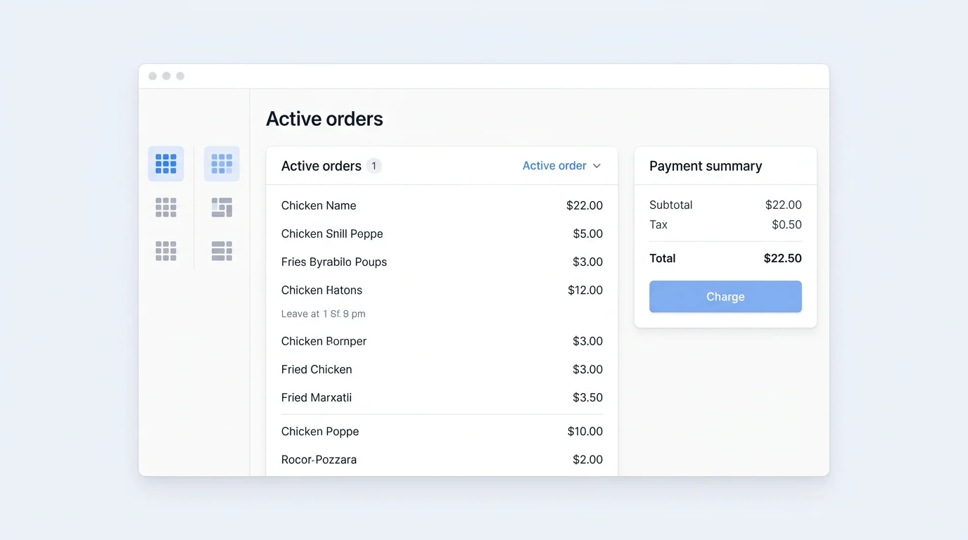 Restaurant POS dashboard showing active table orders and a payment summary panel with a charge button