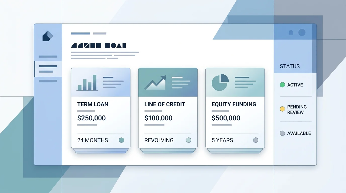 funding products panel listing merchant cash advance, revenue-based loan, and business term loan options