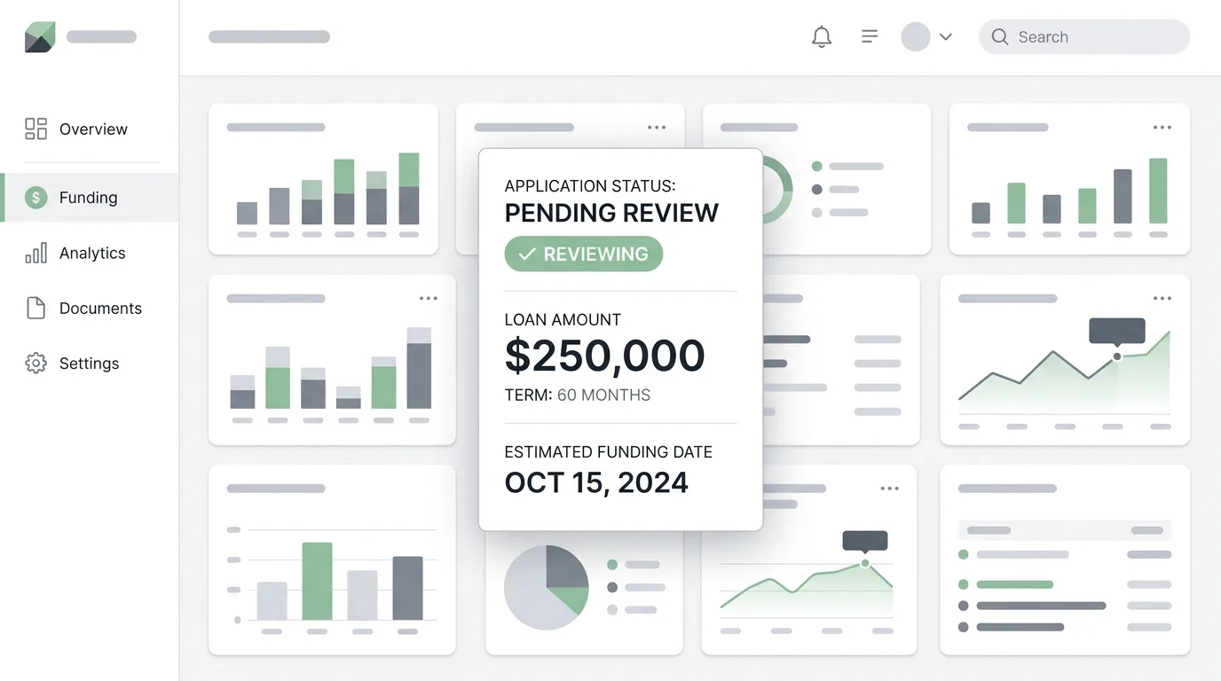 small business funding dashboard showing loan approval and payout timeline