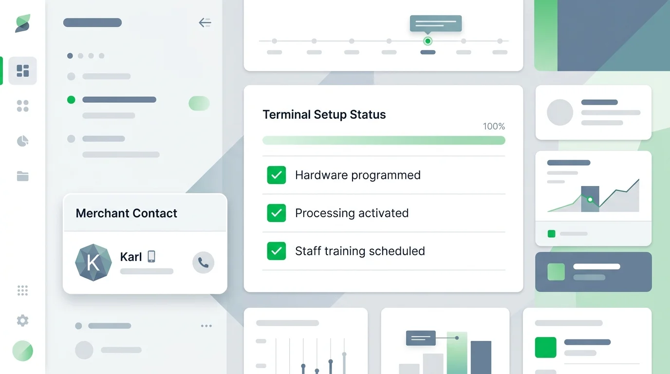 POS terminal setup status dashboard showing programming and activation steps