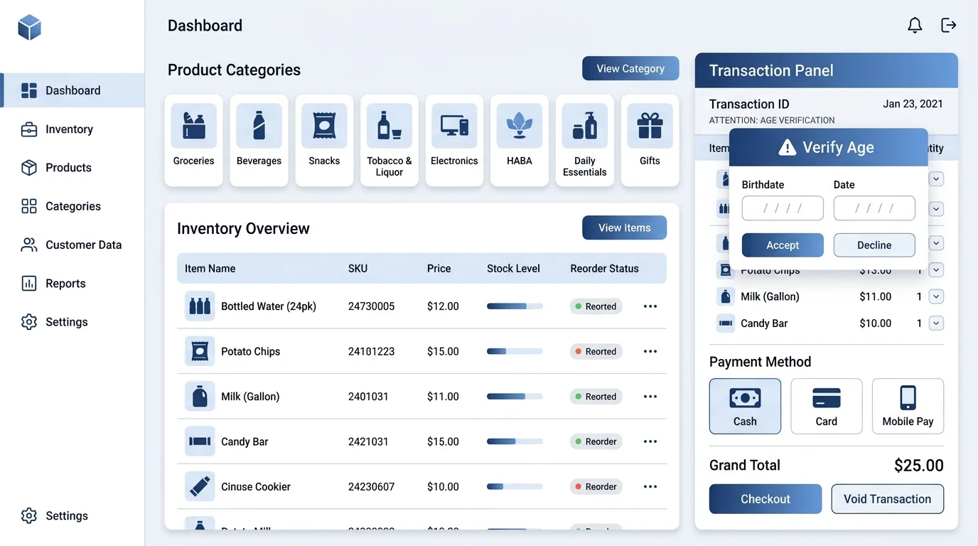 convenience store POS system dashboard with inventory and transaction panels