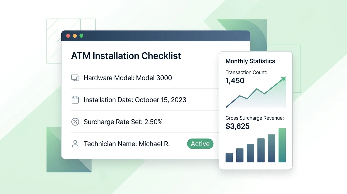 ATM installation status and surcharge revenue dashboard screen