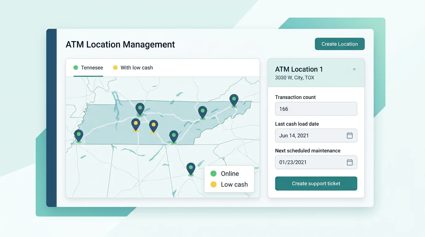 ATM location status and maintenance tracking screen for Tennessee sites