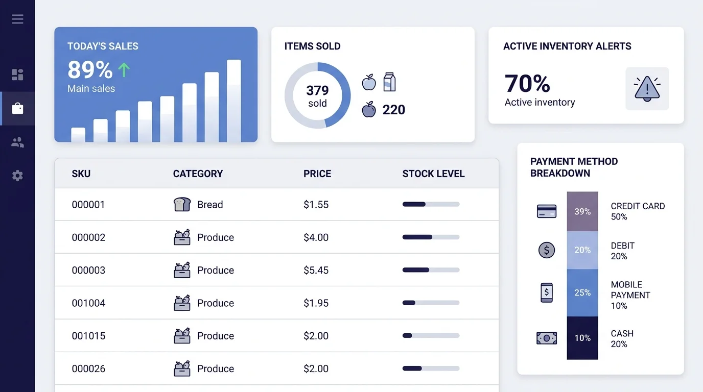 supermarket POS back-office inventory and sales screen