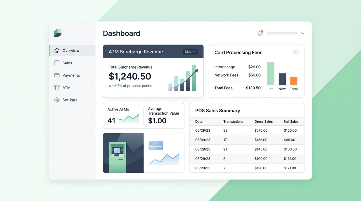 merchant dashboard showing ATM surcharge revenue next to POS card processing summary