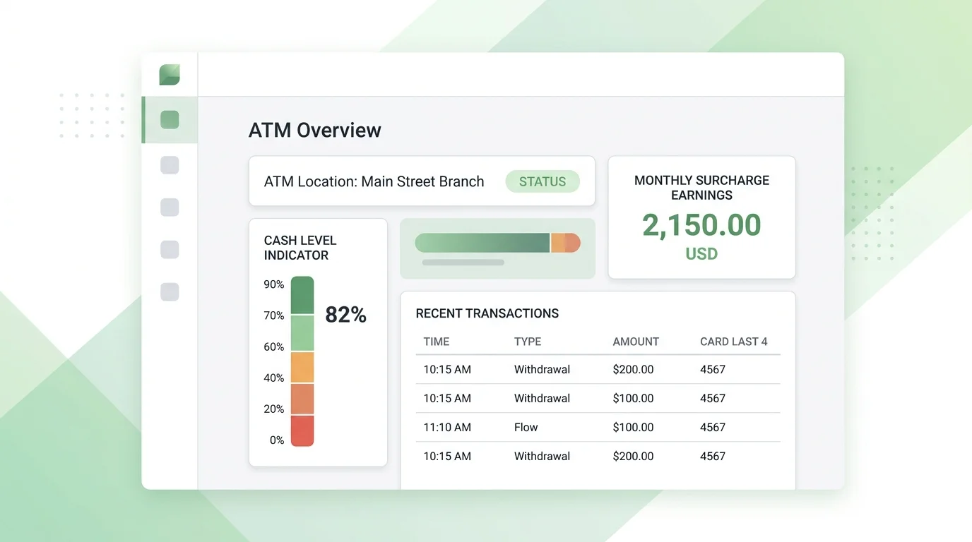 ATM status and surcharge earnings panel in a light SaaS dashboard