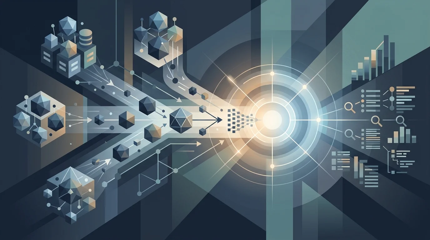 Abstract illustration of autonomous content production and AI search visibility workflows