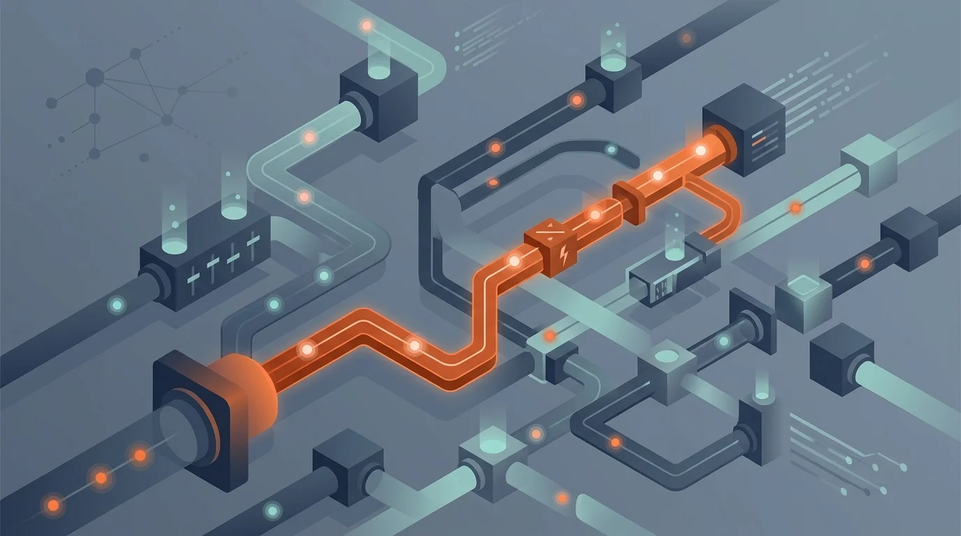 Isometric 3D abstract rendering of SEO platform choices and specialized routing pathways